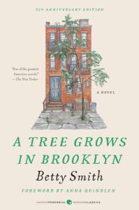 A Tree Grows in Brooklyn by Betty Smith book cover with hand drawn house with a tree in front. 
