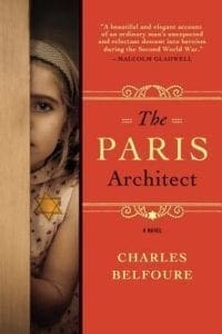 The Paris Architect by Charles Belfoure with a book cover featuring a girl peeking out of a door