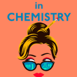 Lessons in Chemistry by Bonnie Garmus book cover featuring a cartoon woman's face with sunglasses reflecting chemical beakers.