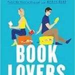 Book Lovers by Emily Henry book cover with two people sitting on back to back on their suitcases.