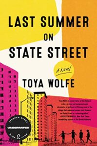 Last Summer on State Street by Toyal Wolfe book cover with pink, yellow and gold buildings