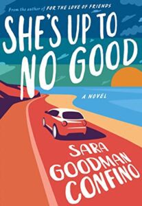 She's Up to No Good book cover with cartoon highway by beach and red cartoon car