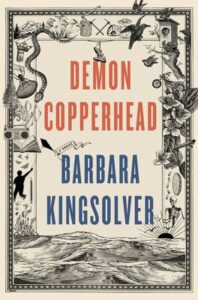 Demon Copperhead by Barbara Kingsolver book clover with pencil drawings resembling a tattoo