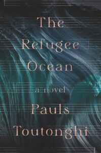The Refugee Ocean book cover with blue and black swirls and a music score