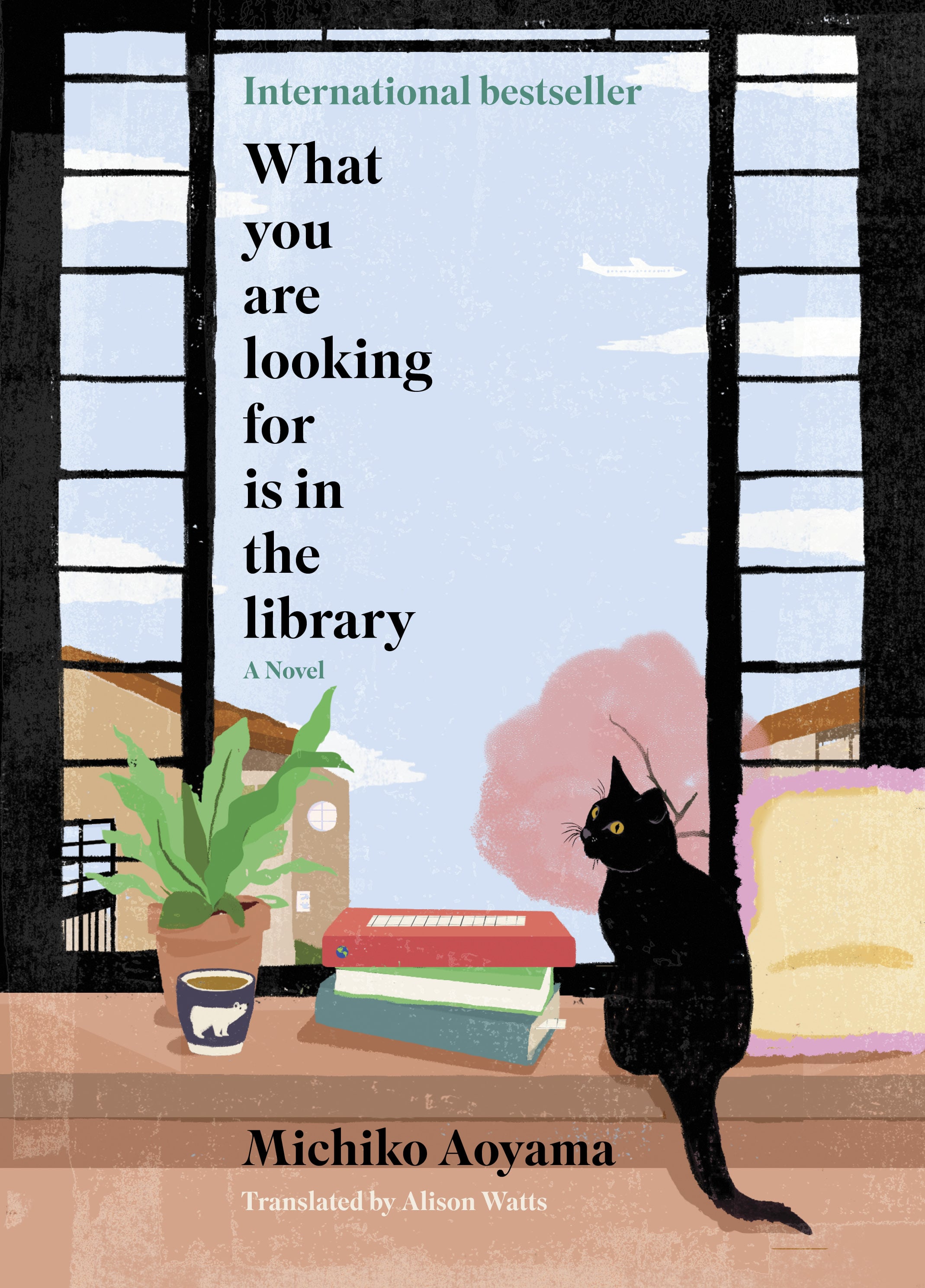 What you are looking for is in the library book cover with a cat looking out the window.