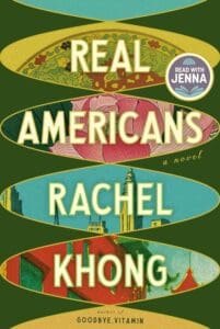 Real Americans by Rachel Khong book cover featuring mid-centrury shaped ovals with images inside.