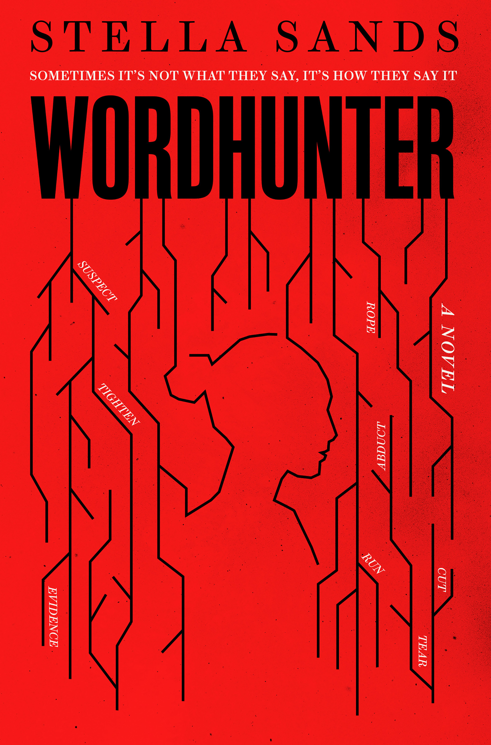 Wordhunter by Stella Sands has a red book cover with outline of woman and various lines surrounding her