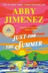 Just for the Summer by Abby Jimenez book cover featuring a cartoon man and woman running through a lake with a dog following them.