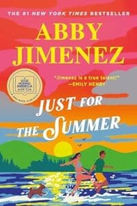 Just for the Summer by Abby Jimenez book cover featuring a cartoon man and woman running through a lake with a dog following them. 