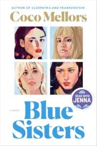 Blue Sisters by Coco Mellors book cover featuring four sketches of four different women. 