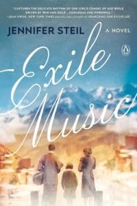 Exile Music by Jennifer Steil book cover with a family walking towards the mountains 