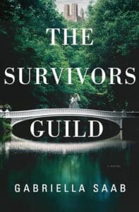 The Survivors Guild by Gabriella Saab book cover featuring two women walking in the woods
